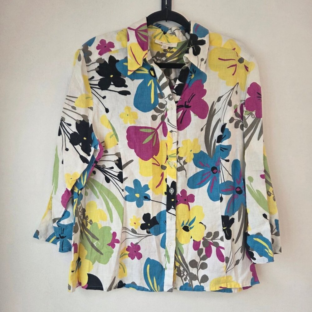 JM Collection 100% Linen Floral Button Up Shirt Summer Tropical Women's 16
